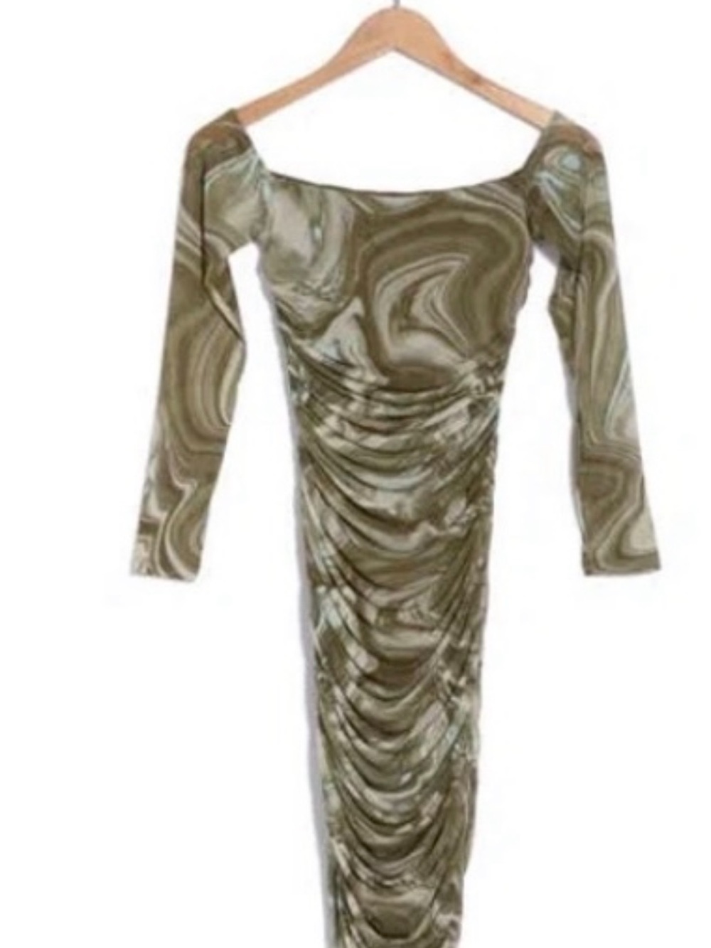 NWT AFRM Olive Marble-Print Ruched Long Sleeve Bodycon Dress